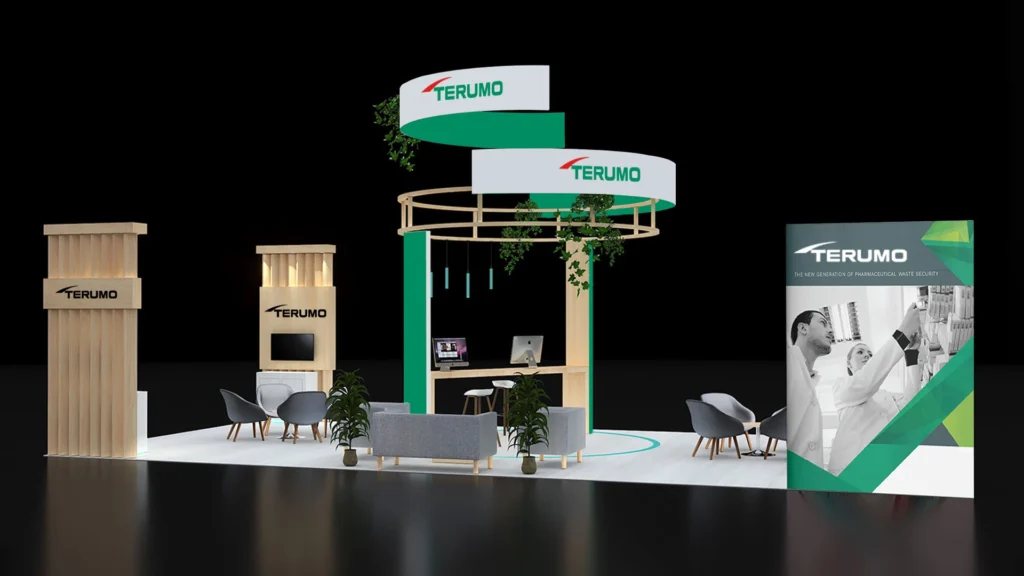 20x40 custom trade show display with hanging sign